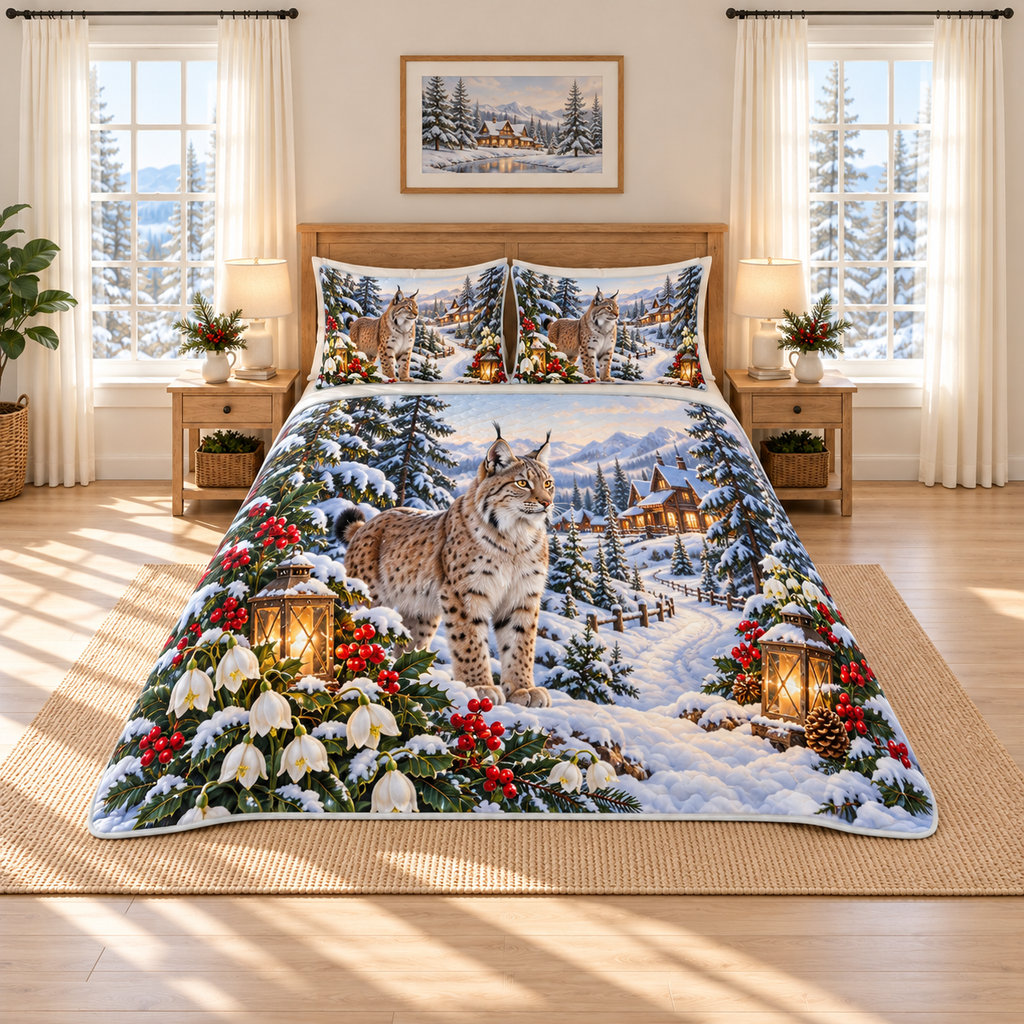 Eurasian Lynx Snowdrop Lodge Christmas thin printed quilt with two matching pillow shams; complete-product design mockup with flat printed visual depth.