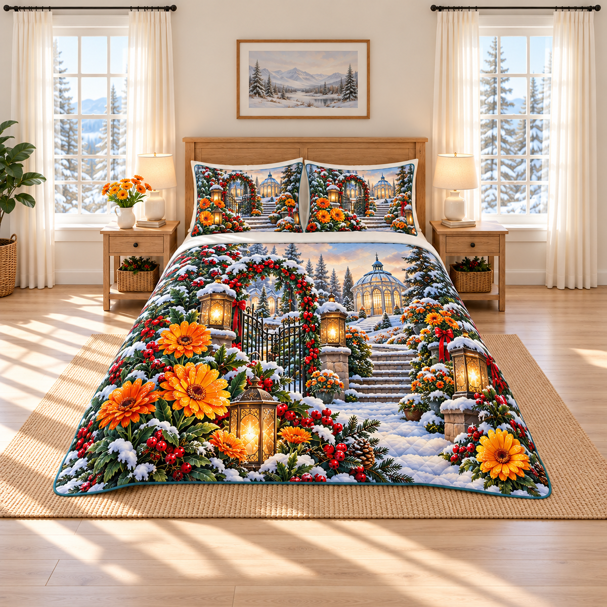 Golden Daisy Snowy Garden Gate Christmas thin printed quilt with two matching pillow shams; complete-product design mockup with flat printed visual depth.