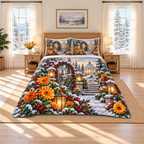 Golden Daisy Snowy Garden Gate Christmas thin printed quilt with two matching pillow shams; complete-product design mockup with flat printed visual depth.