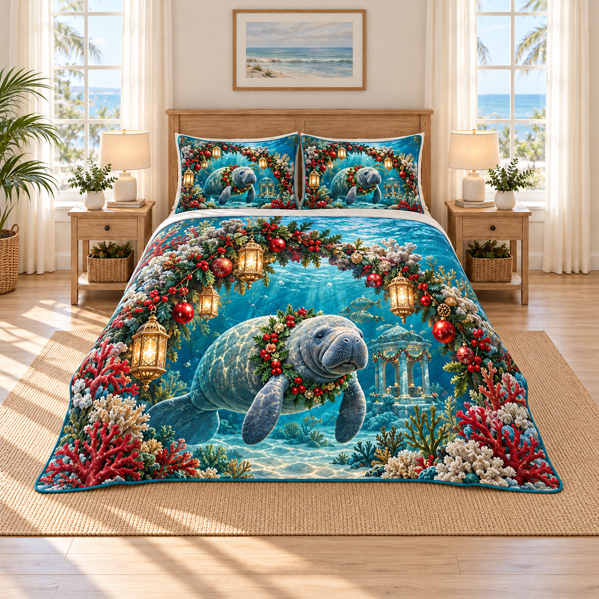 Gentle Manatee Coral Arch Christmas thin printed quilt with two matching pillow shams; complete-product design mockup with flat printed visual depth.