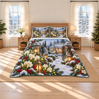 Ivory Freesia Winter Herbarium Christmas thin printed quilt with two matching pillow shams; complete-product design mockup with flat printed visual depth.
