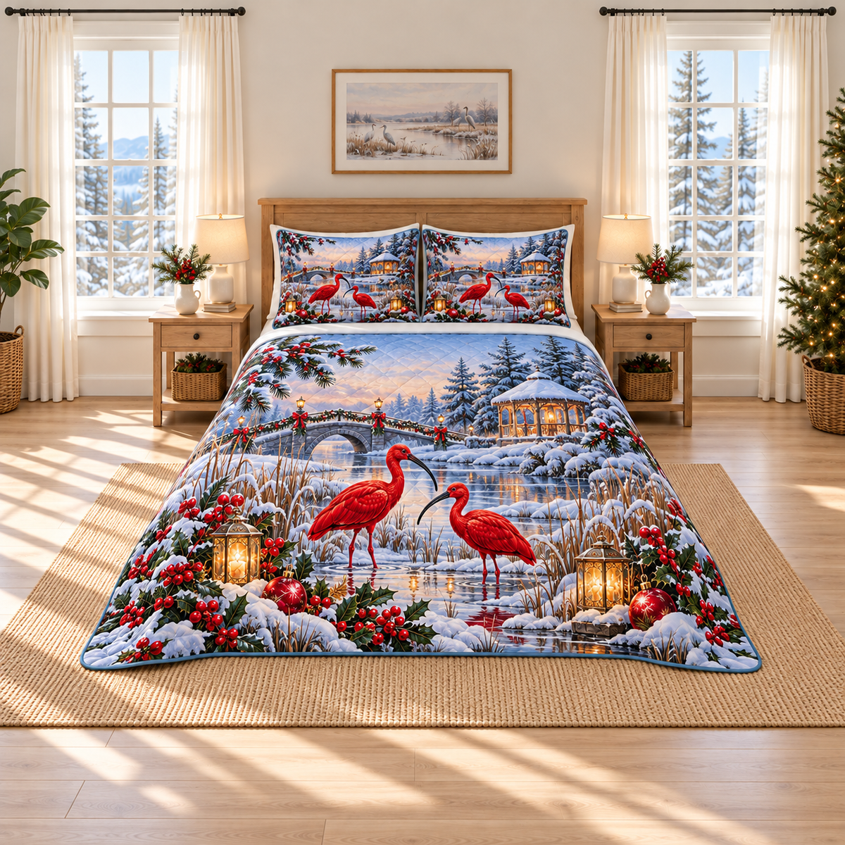 Scarlet Ibis Snowy Marsh Christmas thin printed quilt with two matching pillow shams; complete-product design mockup with flat printed visual depth.