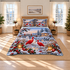 Scarlet Ibis Snowy Marsh Christmas thin printed quilt with two matching pillow shams; complete-product design mockup with flat printed visual depth.