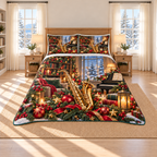 Vintage Saxophone Christmas Salon thin printed quilt with two matching pillow shams; complete-product design mockup with flat printed visual depth.