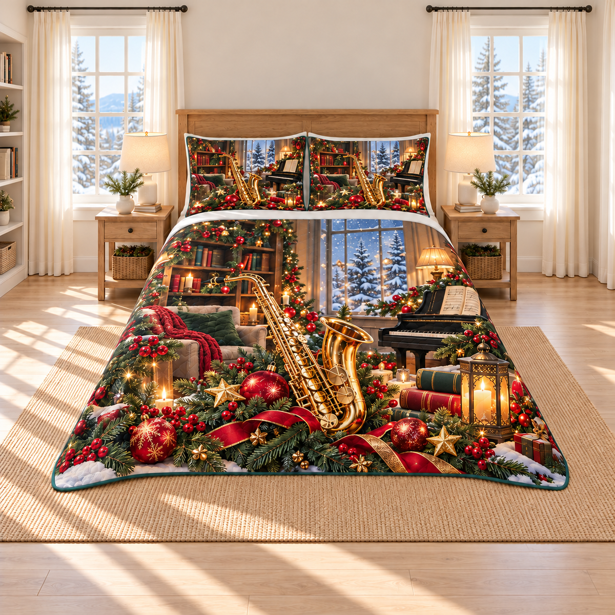 Vintage Saxophone Christmas Salon thin printed quilt with two matching pillow shams; complete-product design mockup with flat printed visual depth.