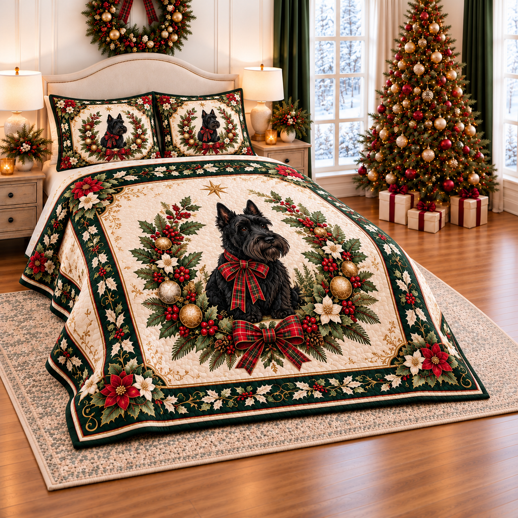 Black Scottie Tartan Christmas Medallion thin printed quilt with two matching pillow shams; complete-product design mockup with flat printed visual depth.