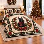 Black Scottie Tartan Christmas Medallion thin printed quilt with two matching pillow shams; complete-product design mockup with flat printed visual depth.