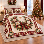 Ivory Camellia Burgundy Christmas Wreath thin printed quilt with two matching pillow shams; complete-product design mockup with flat printed visual depth.