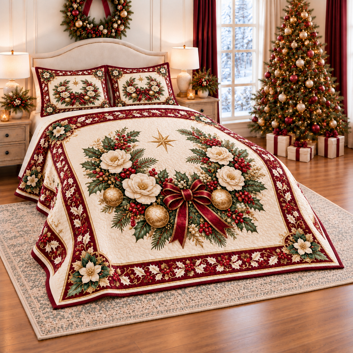 Ivory Camellia Burgundy Christmas Wreath thin printed quilt with two matching pillow shams; complete-product design mockup with flat printed visual depth.