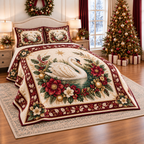 Ivory Swan Burgundy Holly Christmas thin printed quilt with two matching pillow shams; complete-product design mockup with flat printed visual depth.