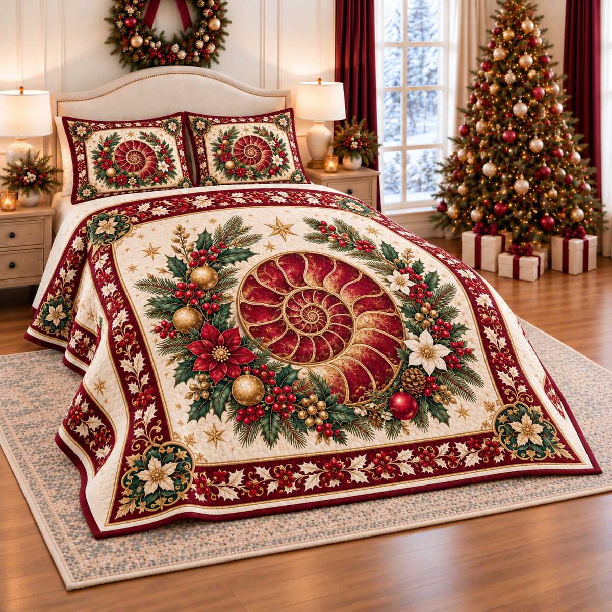 Ruby Ammonite Celestial Christmas Wreath thin printed quilt with two matching pillow shams; complete-product design mockup with flat printed visual depth.