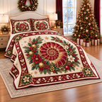 Ruby Ammonite Celestial Christmas Wreath thin printed quilt with two matching pillow shams; complete-product design mockup with flat printed visual depth.