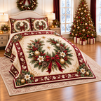 Burgundy Pinecone Christmas Wreath thin printed quilt with two matching pillow shams; complete-product design mockup with flat printed visual depth.