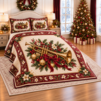 Golden Trumpet Christmas Medallion thin printed quilt with two matching pillow shams; complete-product design mockup with flat printed visual depth.