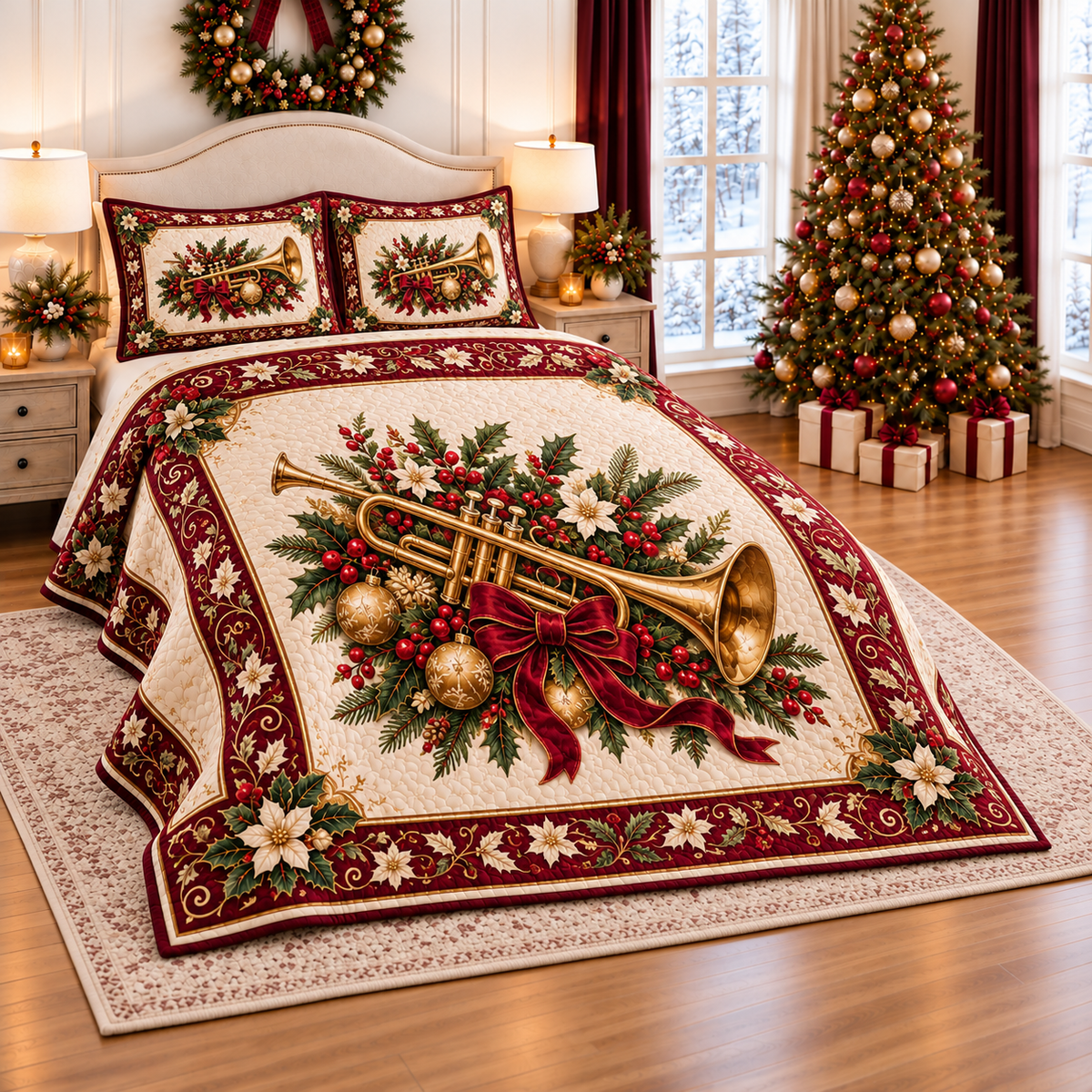 Golden Trumpet Christmas Medallion thin printed quilt with two matching pillow shams; complete-product design mockup with flat printed visual depth.