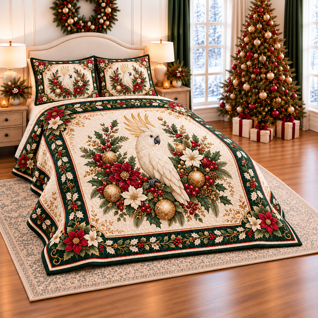 Ivory Cockatoo Christmas Garland thin printed quilt with two matching pillow shams; complete-product design mockup with flat printed visual depth.