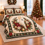 Ivory Cockatoo Christmas Garland thin printed quilt with two matching pillow shams; complete-product design mockup with flat printed visual depth.