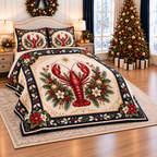 Ruby Lobster Holly Christmas Cameo thin printed quilt with two matching pillow shams; complete-product design mockup with flat printed visual depth.