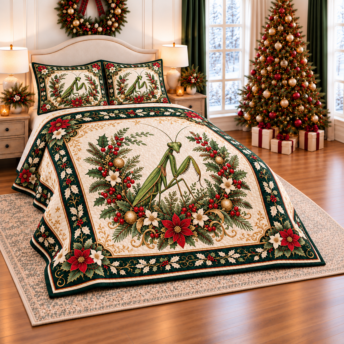 Emerald Mantis Christmas Garland thin printed quilt with two matching pillow shams; complete-product design mockup with flat printed visual depth.