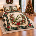 Emerald Mantis Christmas Garland thin printed quilt with two matching pillow shams; complete-product design mockup with flat printed visual depth.