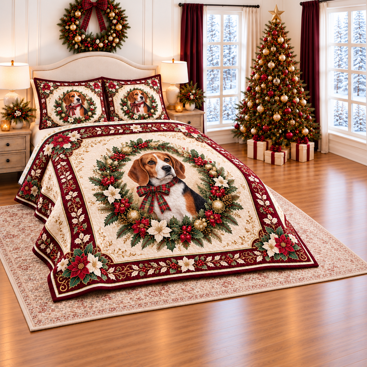 Ivory Beagle Tartan Christmas Cameo thin printed quilt with two matching pillow shams; complete-product design mockup with flat printed visual depth.
