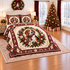 Ivory Beagle Tartan Christmas Cameo thin printed quilt with two matching pillow shams; complete-product design mockup with flat printed visual depth.