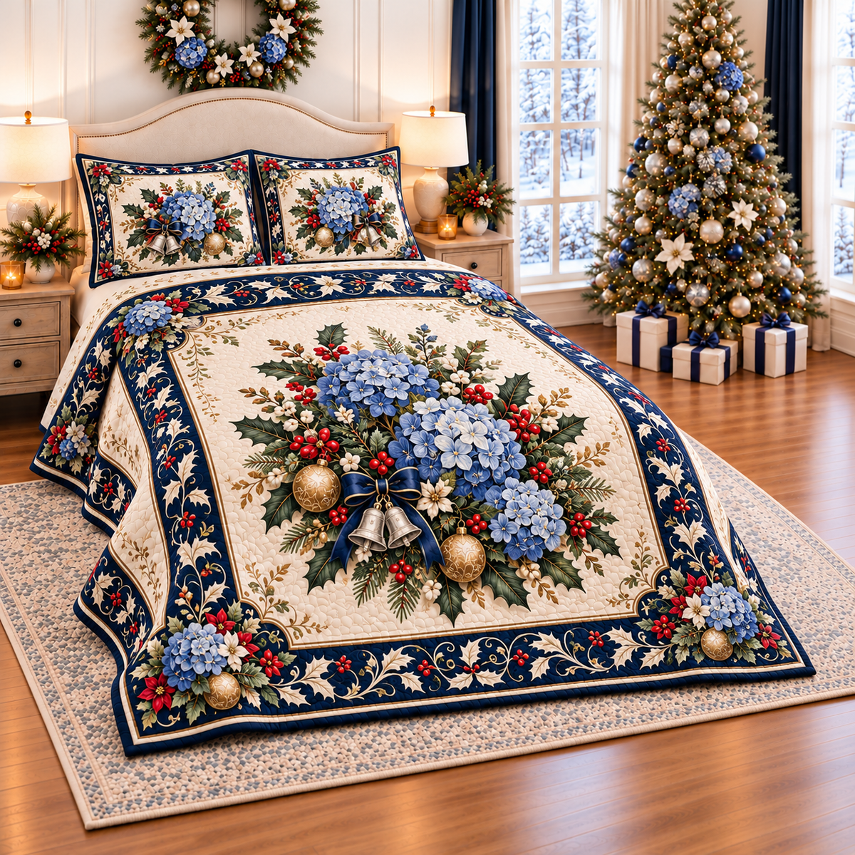 Sapphire Hydrangea Christmas Bells thin printed quilt with two matching pillow shams; complete-product design mockup with flat printed visual depth.