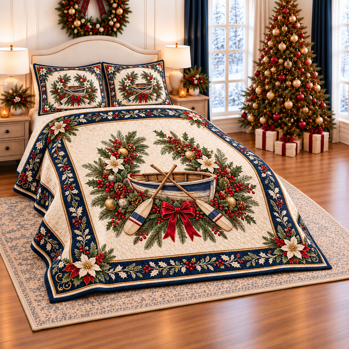 Vintage Rowboat Christmas Wreath thin printed quilt with two matching pillow shams; complete-product design mockup with flat printed visual depth.