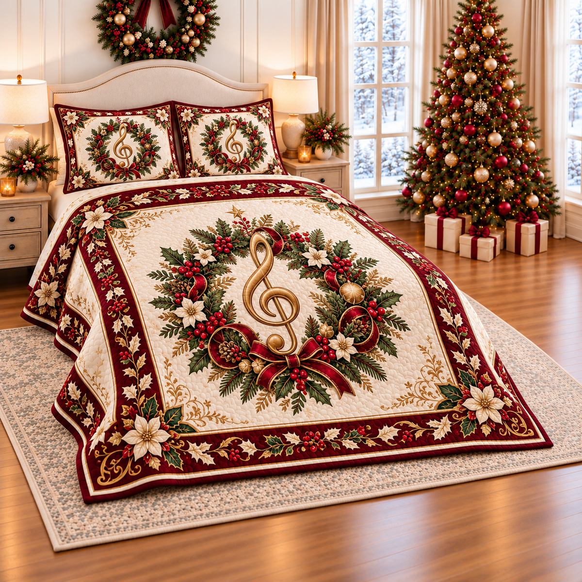 Golden Treble Clef Christmas Wreath thin printed quilt with two matching pillow shams; complete-product design mockup with flat printed visual depth.