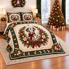 Ivory Dalmatian Christmas Ribbon thin printed quilt with two matching pillow shams; complete-product design mockup with flat printed visual depth.