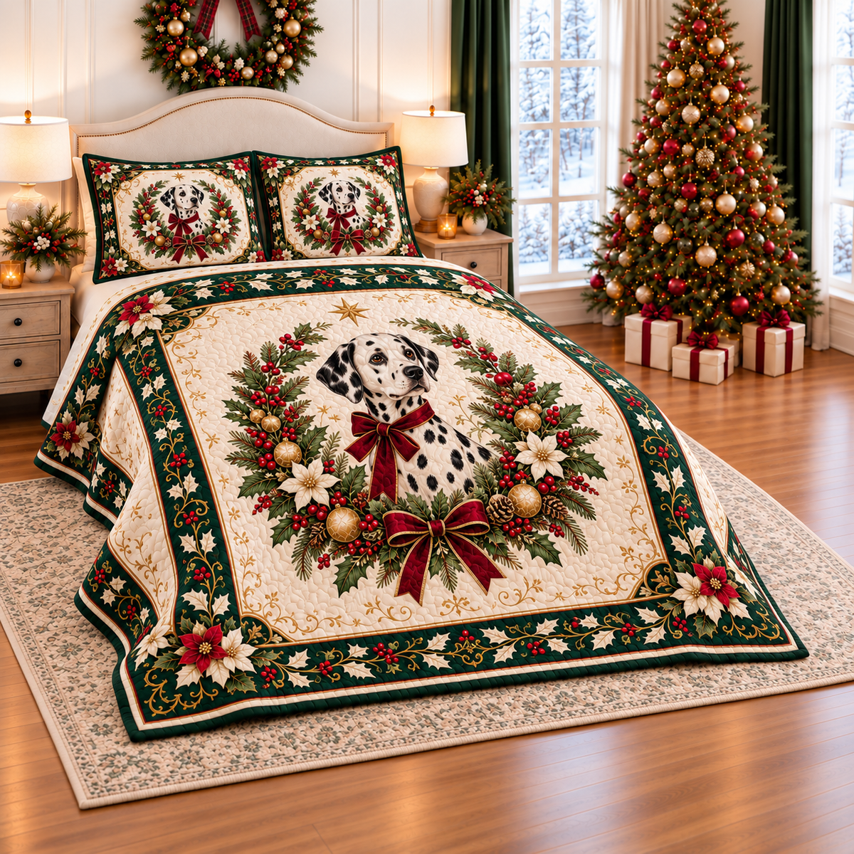 Ivory Dalmatian Christmas Ribbon thin printed quilt with two matching pillow shams; complete-product design mockup with flat printed visual depth.