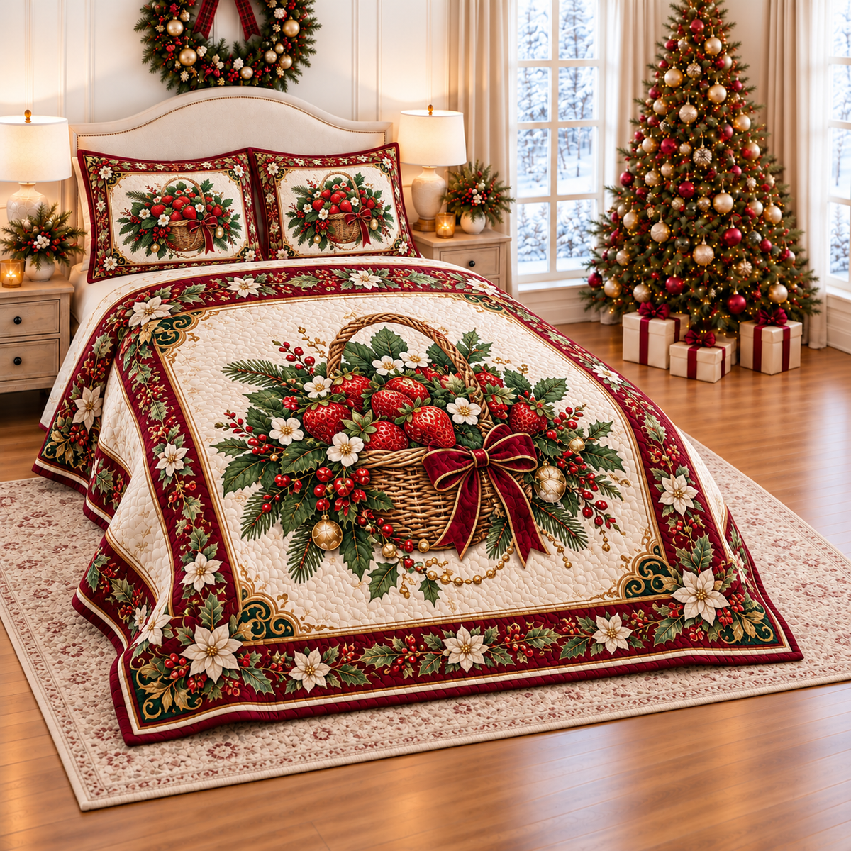Strawberry Basket Christmas Garland thin printed quilt with two matching pillow shams; complete-product design mockup with flat printed visual depth.