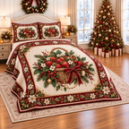 Strawberry Basket Christmas Garland thin printed quilt with two matching pillow shams; complete-product design mockup with flat printed visual depth.