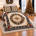 Antique Compass Christmas Medallion thin printed quilt with two matching pillow shams; complete-product design mockup with flat printed visual depth.
