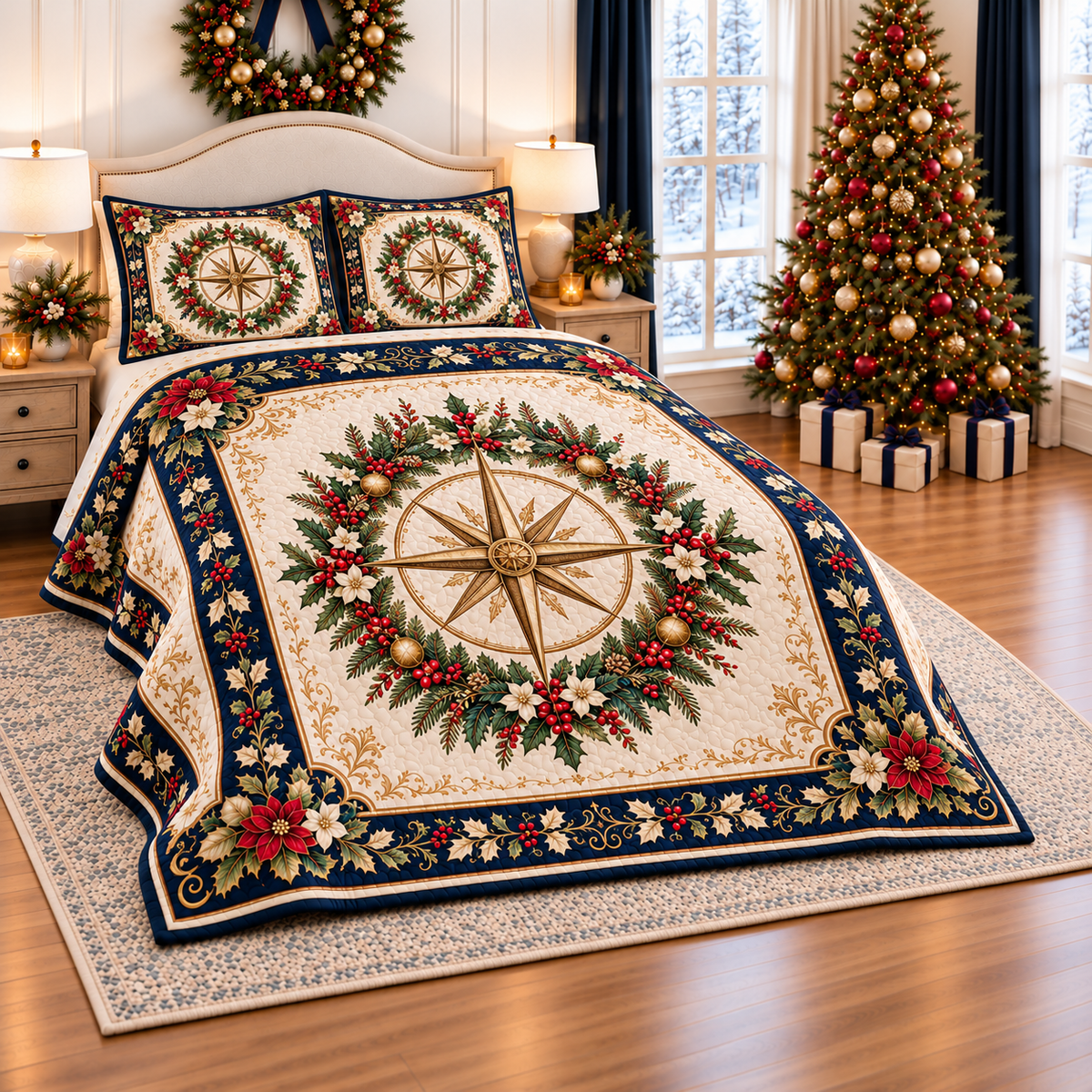Antique Compass Christmas Medallion thin printed quilt with two matching pillow shams; complete-product design mockup with flat printed visual depth.