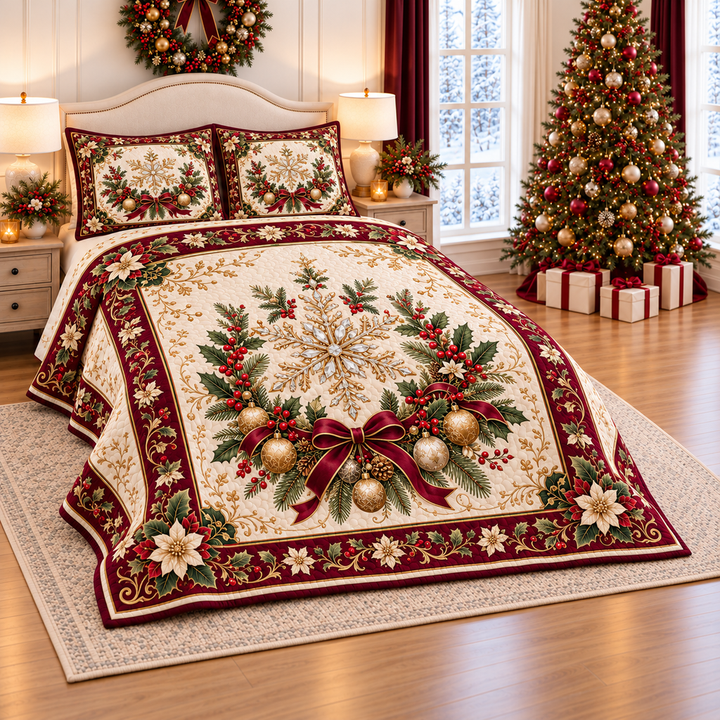 Crystal Snowflake Burgundy Christmas thin printed quilt with two matching pillow shams; complete-product design mockup with flat printed visual depth.
