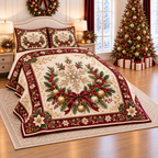 Crystal Snowflake Burgundy Christmas thin printed quilt with two matching pillow shams; complete-product design mockup with flat printed visual depth.