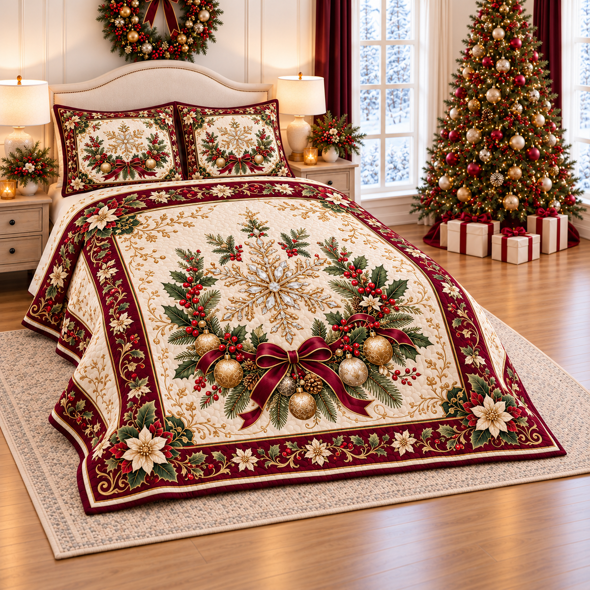 Crystal Snowflake Burgundy Christmas thin printed quilt with two matching pillow shams; complete-product design mockup with flat printed visual depth.