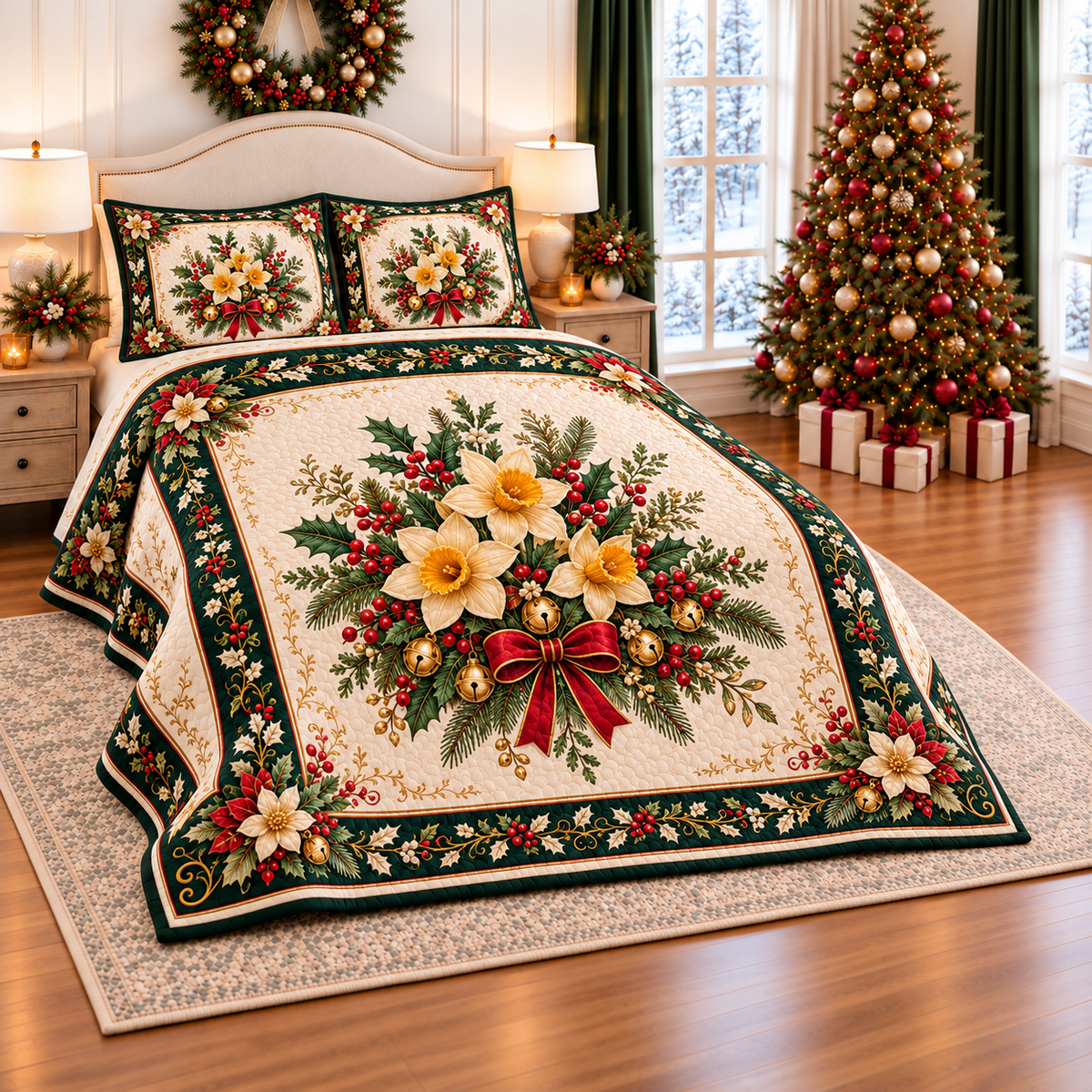 Golden Daffodil Christmas Bells thin printed quilt with two matching pillow shams; complete-product design mockup with flat printed visual depth.