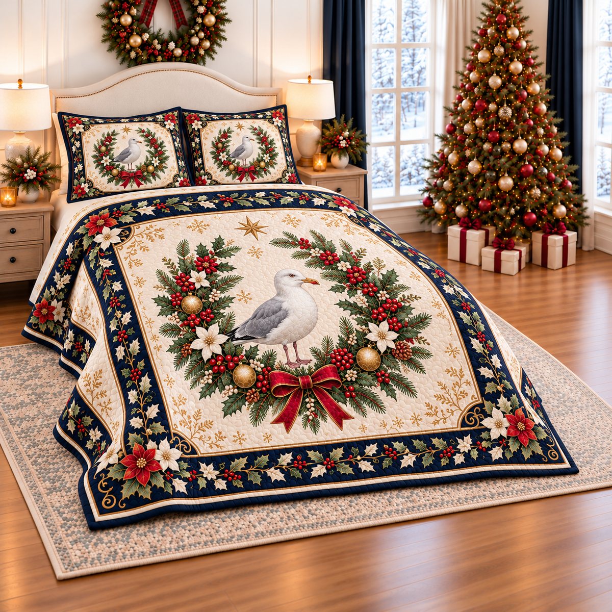 Ivory Seagull Christmas Wreath thin printed quilt with two matching pillow shams; complete-product design mockup with flat printed visual depth.