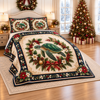 Emerald Turtle Christmas Garland thin printed quilt with two matching pillow shams; complete-product design mockup with flat printed visual depth.