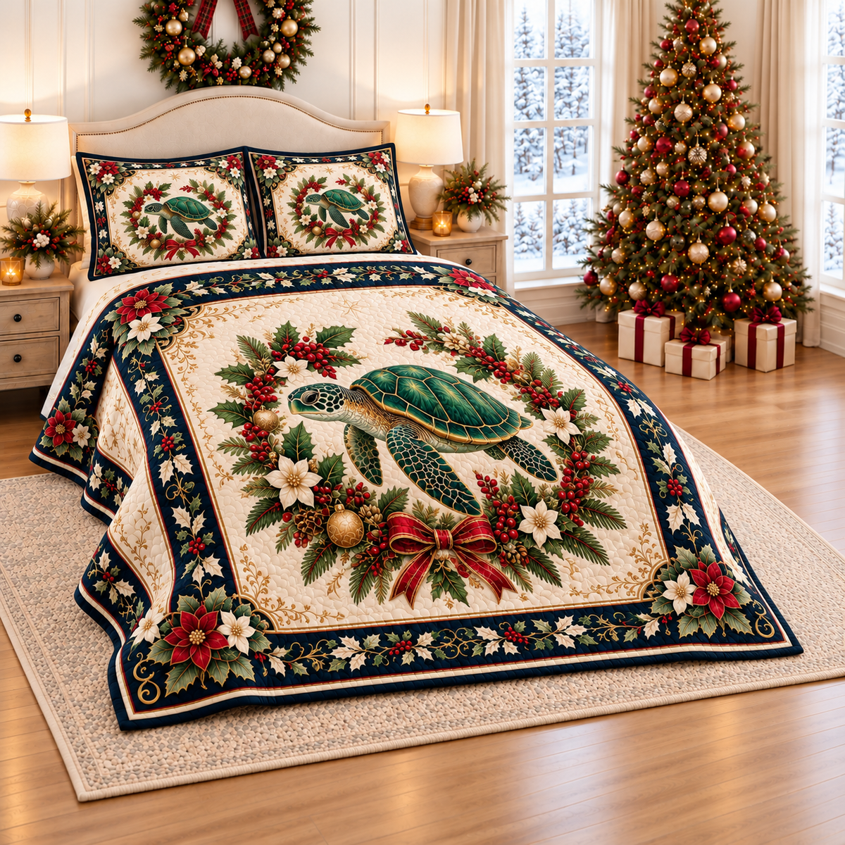 Emerald Turtle Christmas Garland thin printed quilt with two matching pillow shams; complete-product design mockup with flat printed visual depth.