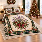 Lavender Holly Christmas Bouquet thin printed quilt with two matching pillow shams; complete-product design mockup with flat printed visual depth.