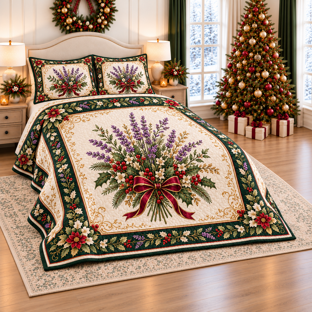 Lavender Holly Christmas Bouquet thin printed quilt with two matching pillow shams; complete-product design mockup with flat printed visual depth.