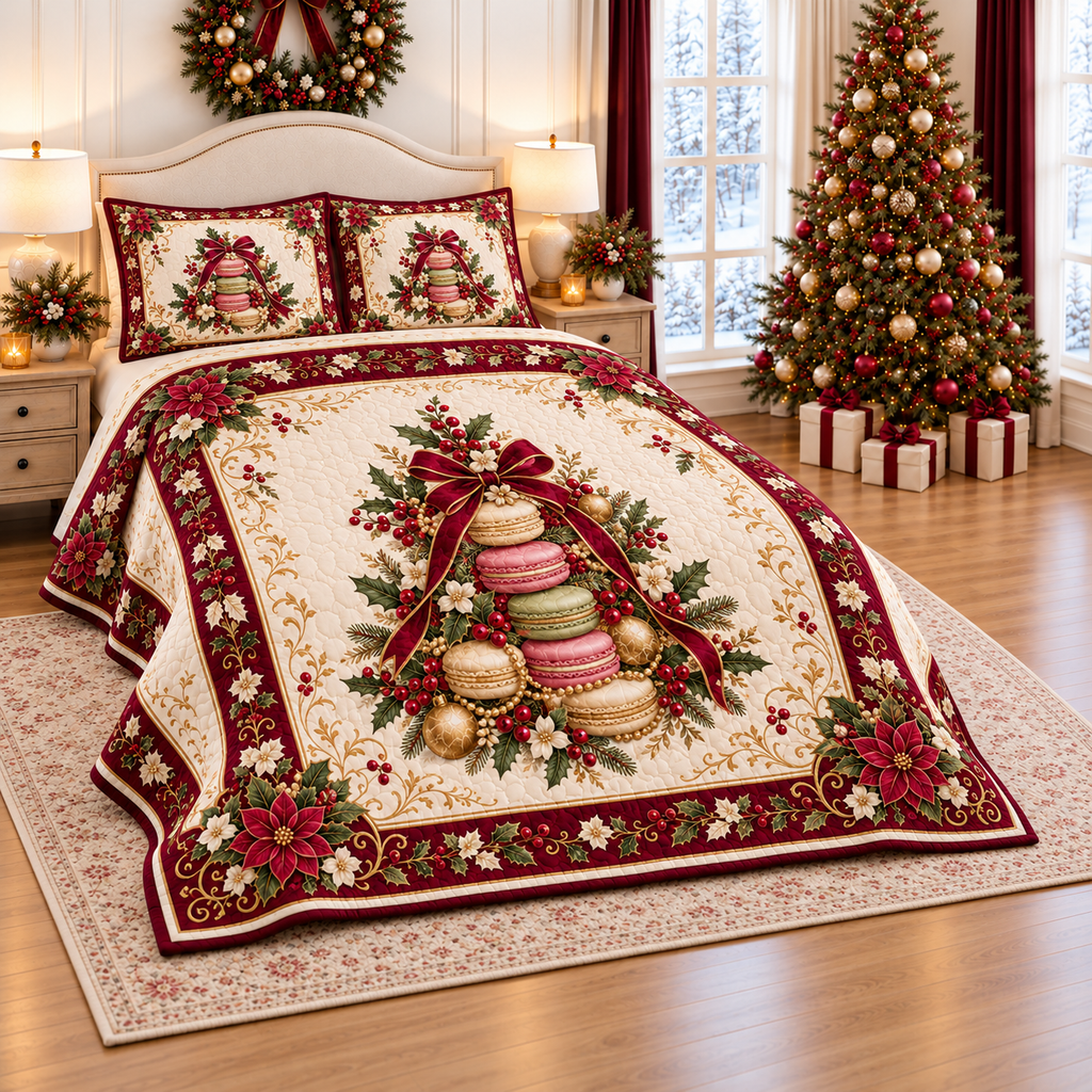 Macaron Tower Christmas Cameo thin printed quilt with two matching pillow shams; complete-product design mockup with flat printed visual depth.