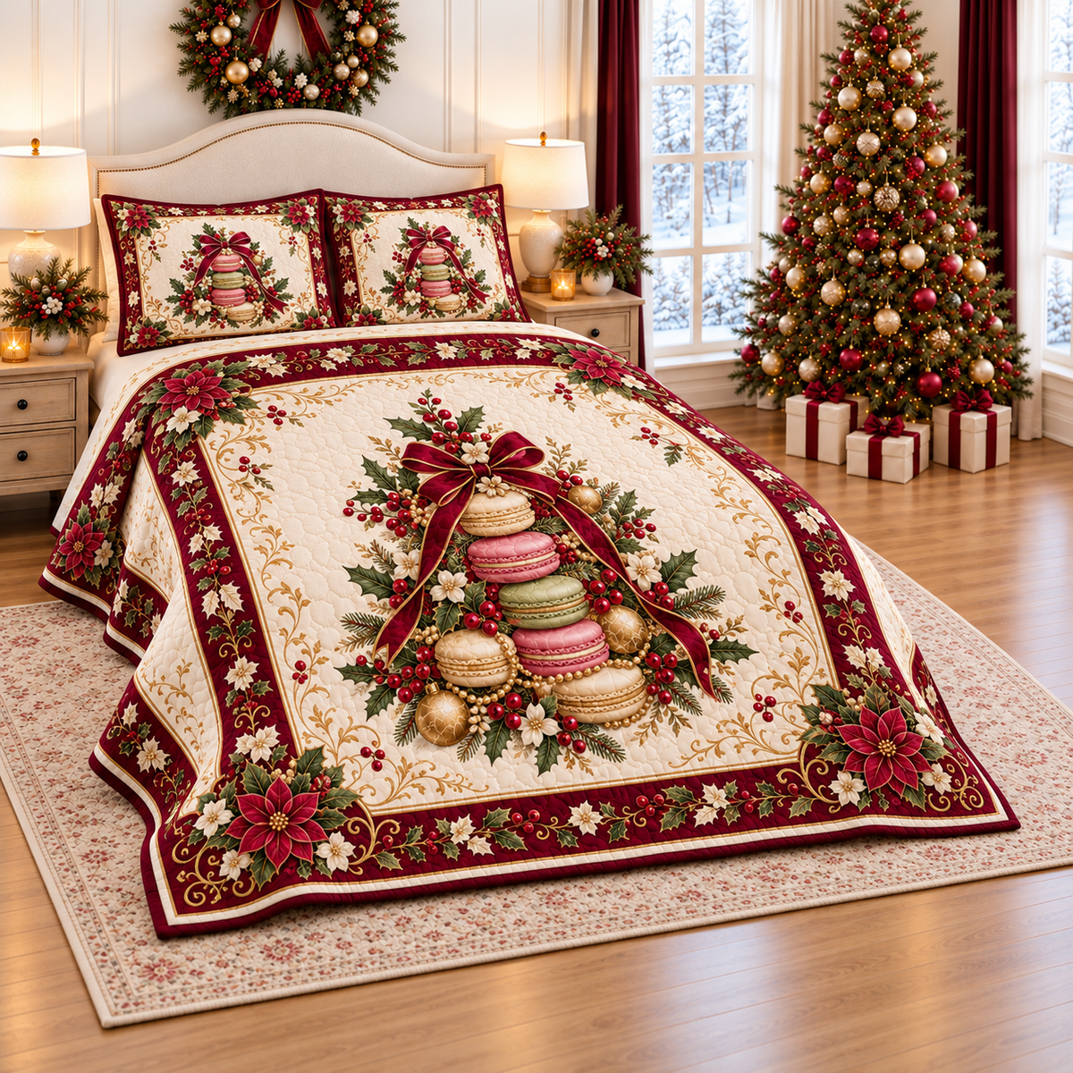 Macaron Tower Christmas Cameo thin printed quilt with two matching pillow shams; complete-product design mockup with flat printed visual depth.