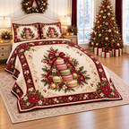 Macaron Tower Christmas Cameo thin printed quilt with two matching pillow shams; complete-product design mockup with flat printed visual depth.