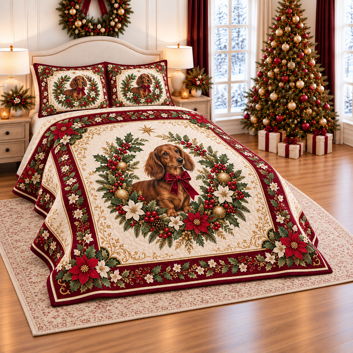 Ruby Dachshund Christmas Ribbon thin printed quilt with two matching pillow shams; complete-product design mockup with flat printed visual depth.