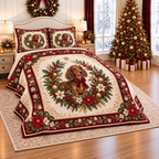 Ruby Dachshund Christmas Ribbon thin printed quilt with two matching pillow shams; complete-product design mockup with flat printed visual depth.