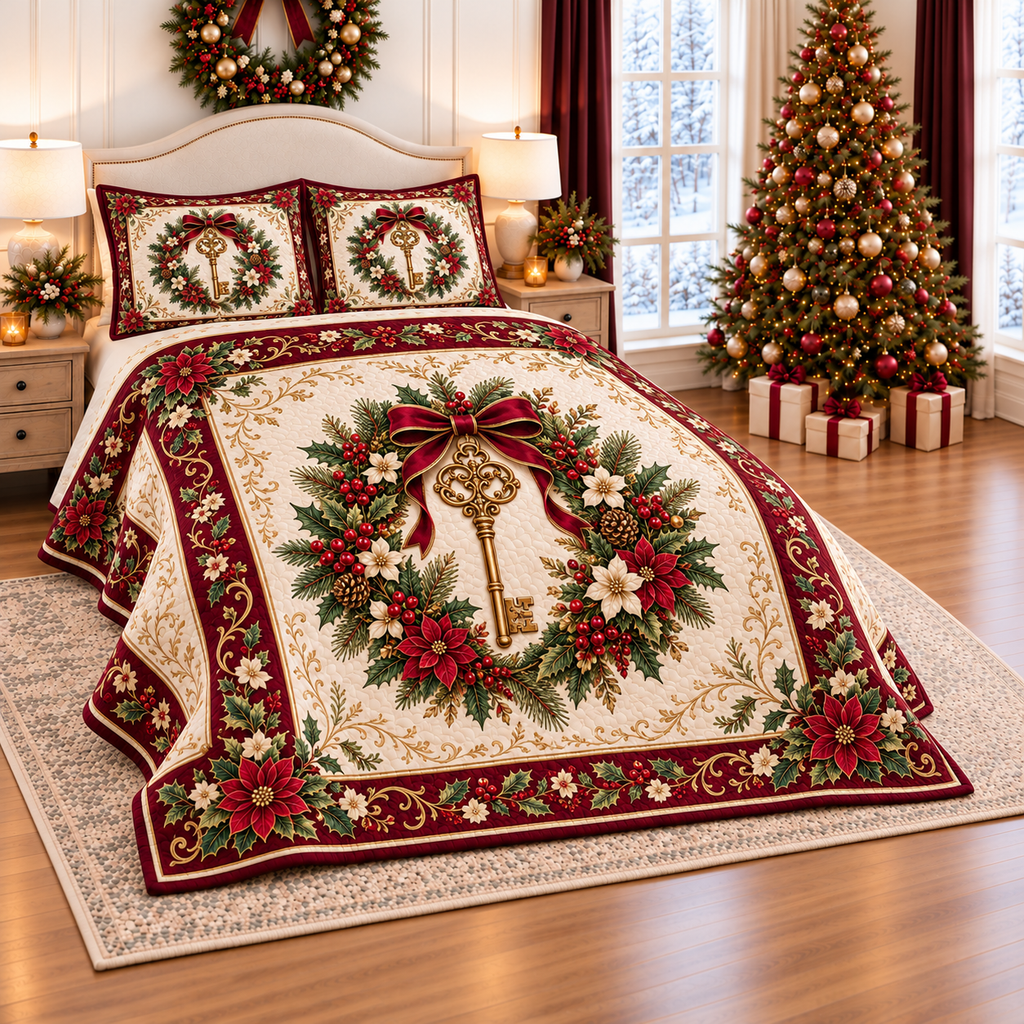Golden Key Christmas Medallion thin printed quilt with two matching pillow shams; complete-product design mockup with flat printed visual depth.